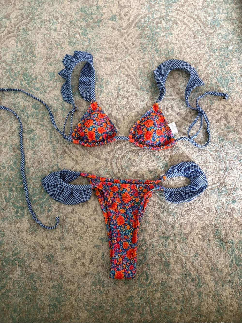 Strawberry Milk Mob Floral Orange & Blue Bikini Top